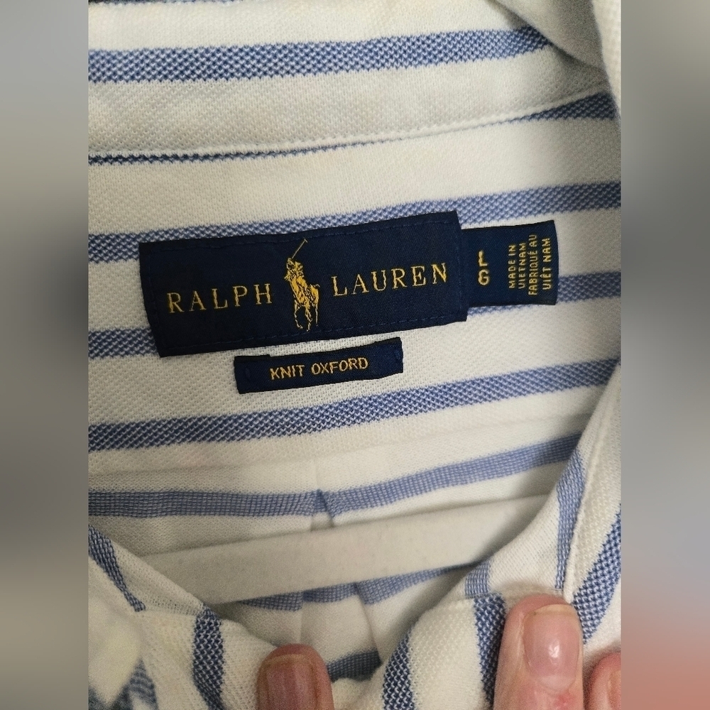 Ralph Lauren Knit Oxford Cotton Blue and White Striped Polo Shirt | Size Large - Picture 2 of 5